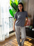 Women summer pajama set Dark Grey Tee + Light Grey X White Stripes Pants